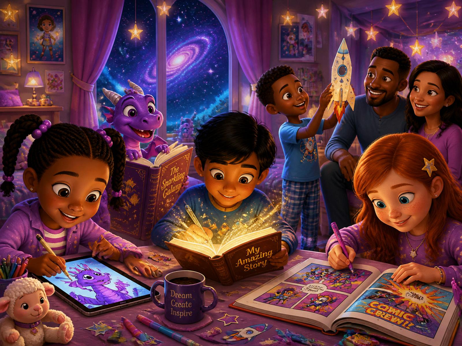 Diverse children creating stories, drawings, comics and games together while a friendly dragon and paper rocket lift off the page.